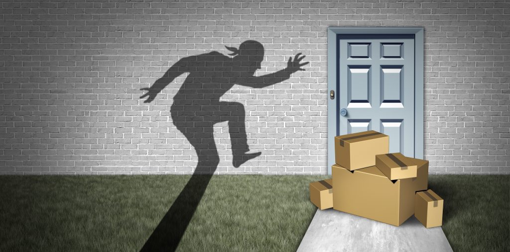 Package robbery and home delivery theft or porch pirate thief stealing packages from a house delivered to a front door as a burglar robbing boxes from a doorstep with 3D illustration elements.